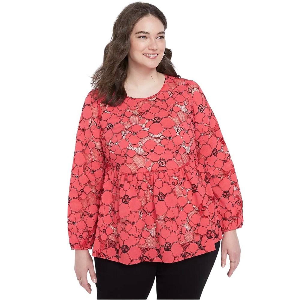Lane Bryant Crew-Neck Lace Baby Doll Blouse Women size 14 Romantic‎ Coquette